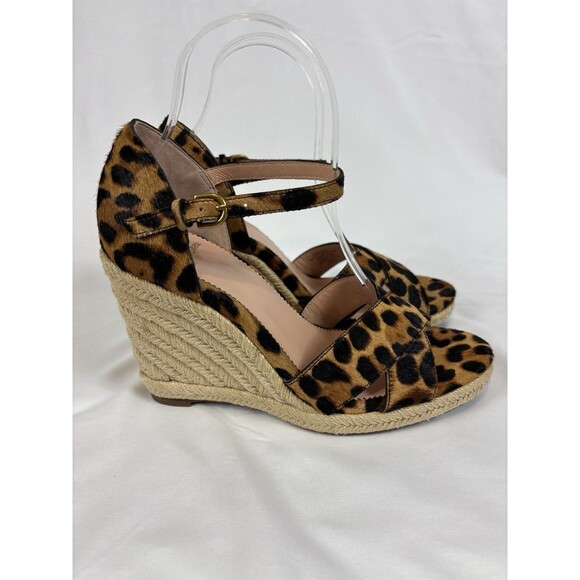 J Crew Animal Print Wedges Brown Black Tan Fur Size 8 Leopard Ankle Strap Buckle - Picture 1 of 10